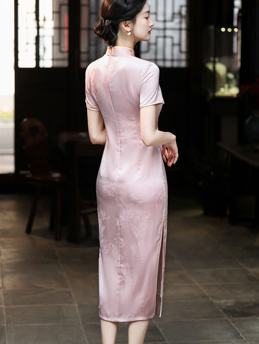 Pink Floral Embroidery Maxi Cheongsam Qipao Dress