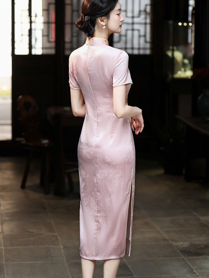 Pink Floral Embroidery Maxi Cheongsam Qipao Dress