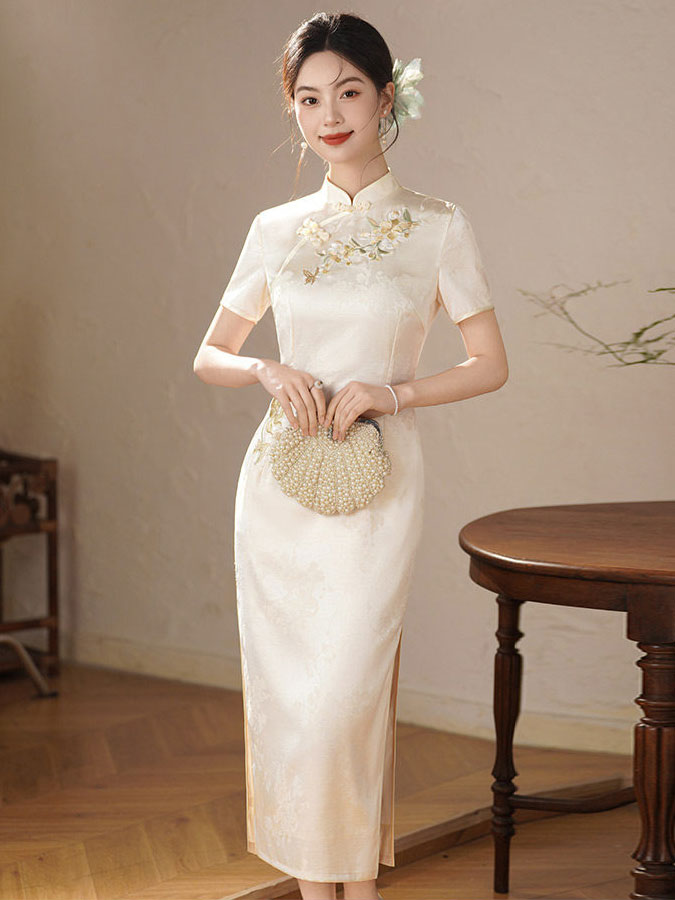 Pink White Floral Embroidery Maxi Cheongsam Qipao Dress