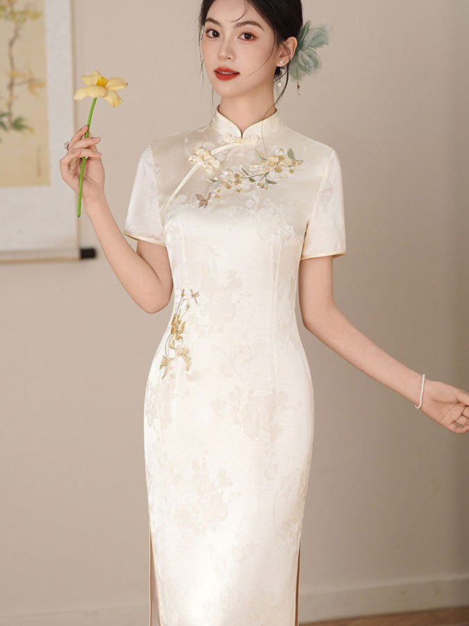 Pink White Floral Embroidery Maxi Cheongsam Qipao Dress