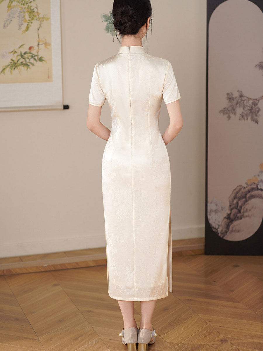 Pink White Floral Embroidery Maxi Cheongsam Qipao Dress