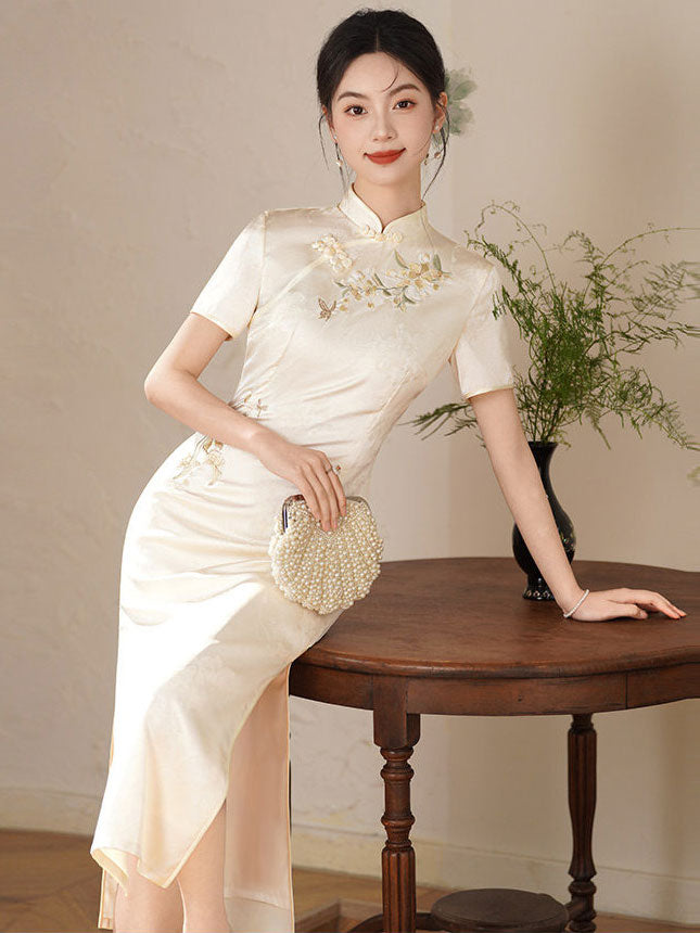 Pink White Floral Embroidery Maxi Cheongsam Qipao Dress
