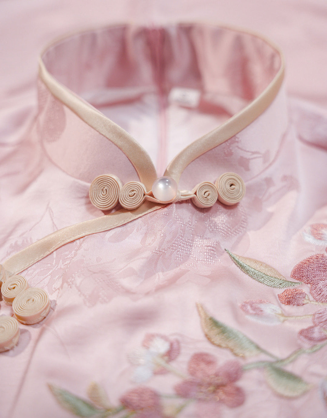 Pink White Floral Embroidery Maxi Cheongsam Qipao Dress
