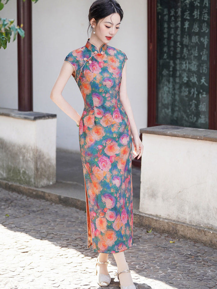 Summer Floral Print Maxi Cheongsam Qipao Dress