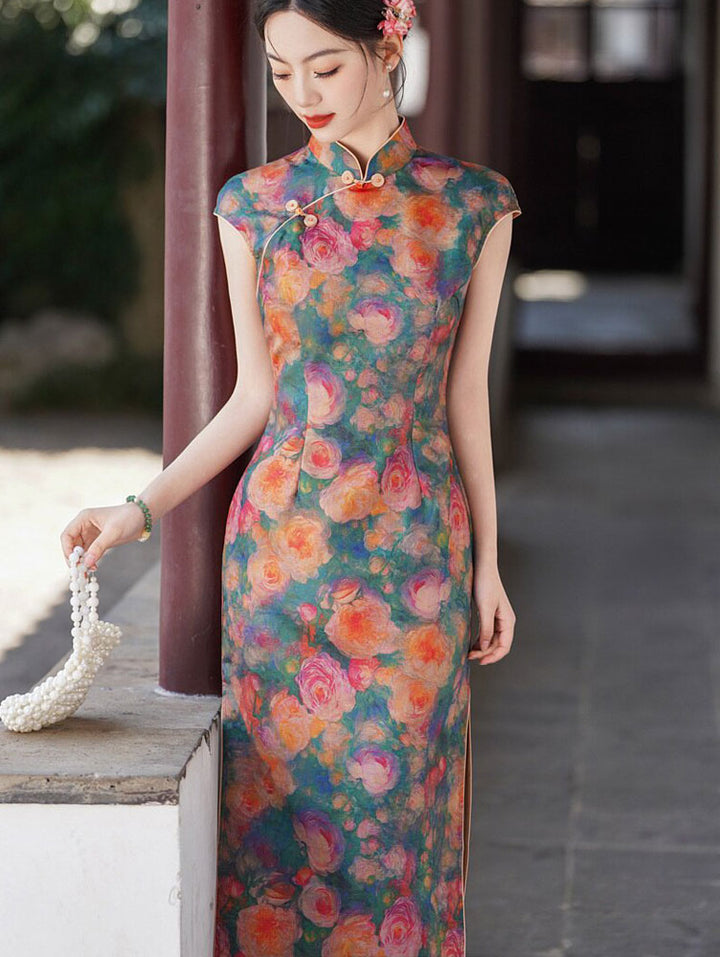 Summer Floral Print Maxi Cheongsam Qipao Dress