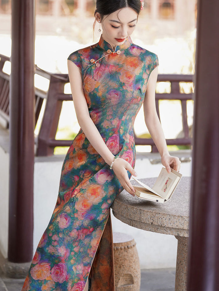 Summer Floral Print Maxi Cheongsam Qipao Dress