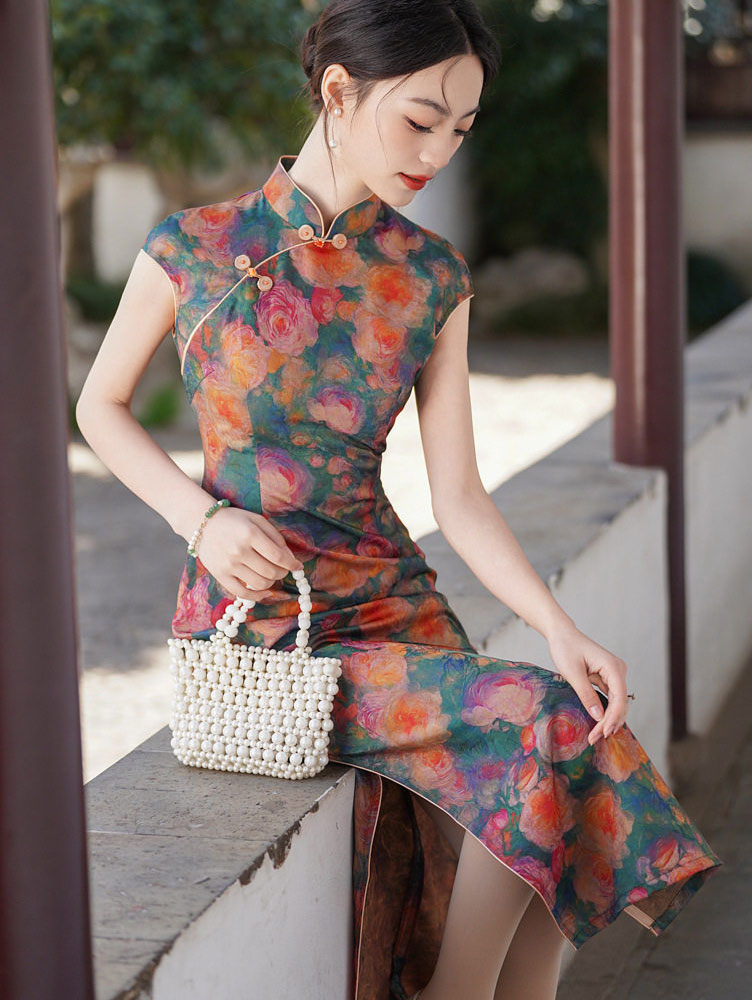 Summer Floral Print Maxi Cheongsam Qipao Dress