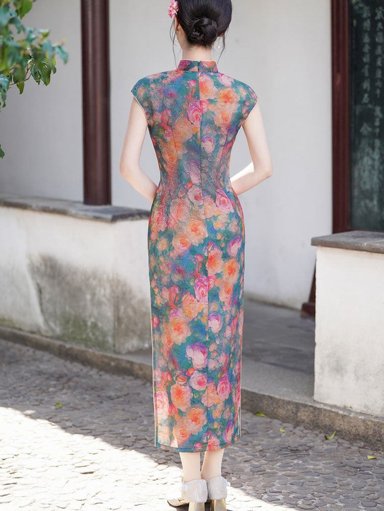 Summer Floral Print Maxi Cheongsam Qipao Dress