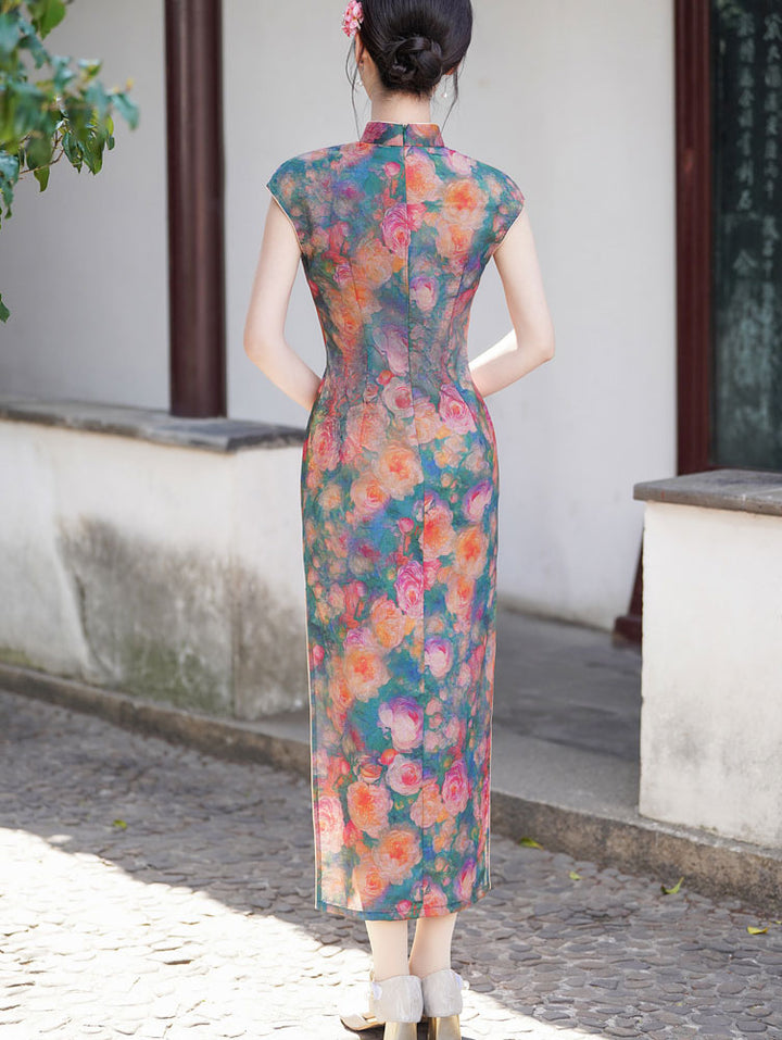 Summer Floral Print Maxi Cheongsam Qipao Dress