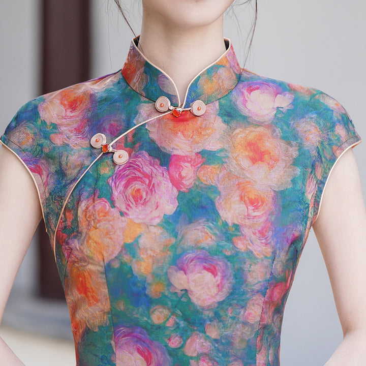 Summer Floral Print Maxi Cheongsam Qipao Dress