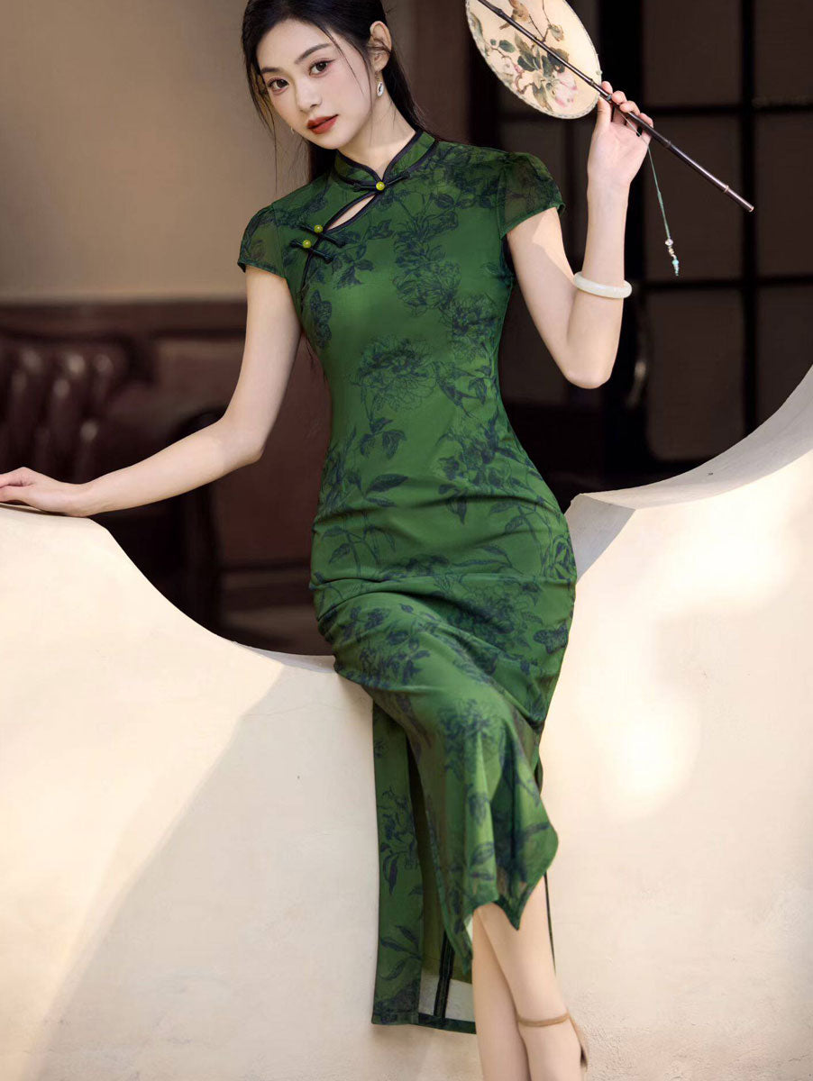 Green Floral Print Maxi Cheongsam Qipao Dress