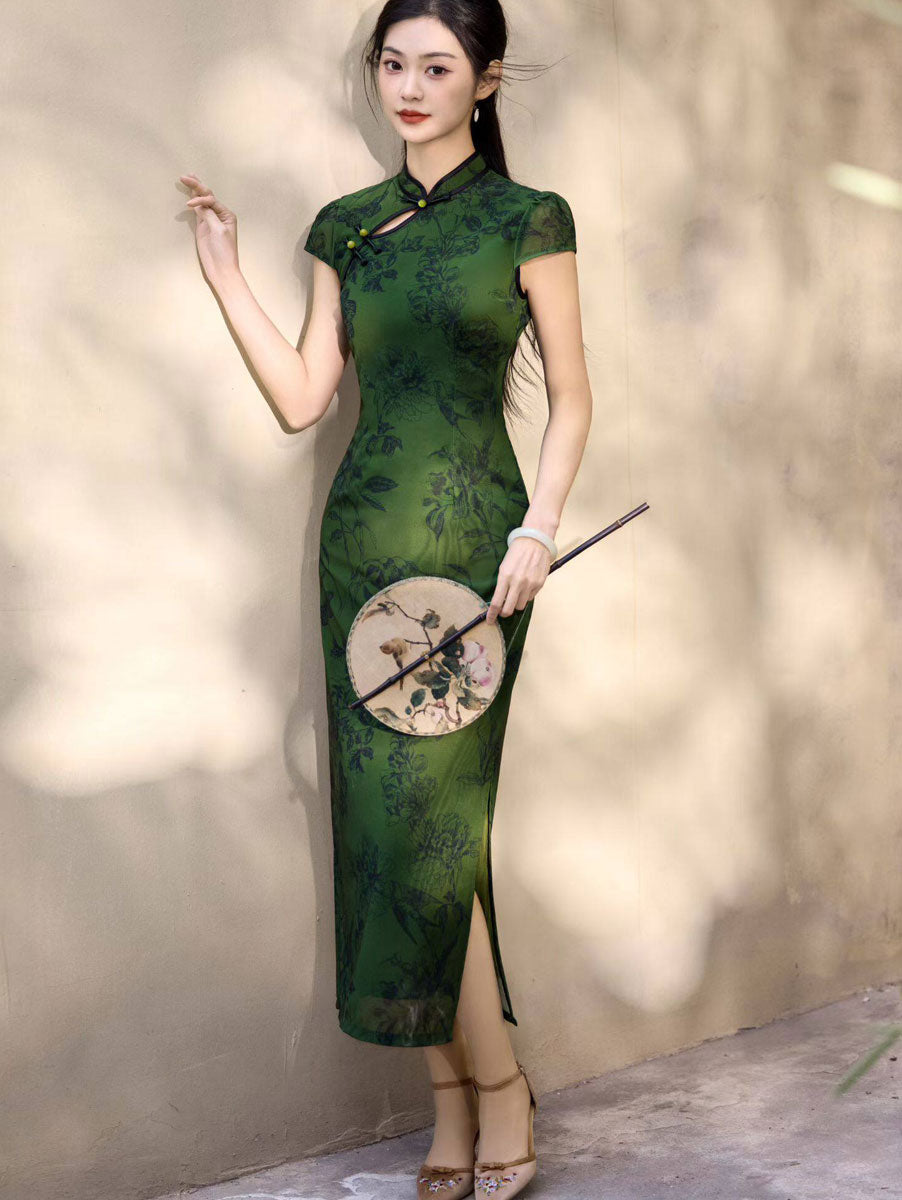 Green Floral Print Maxi Cheongsam Qipao Dress