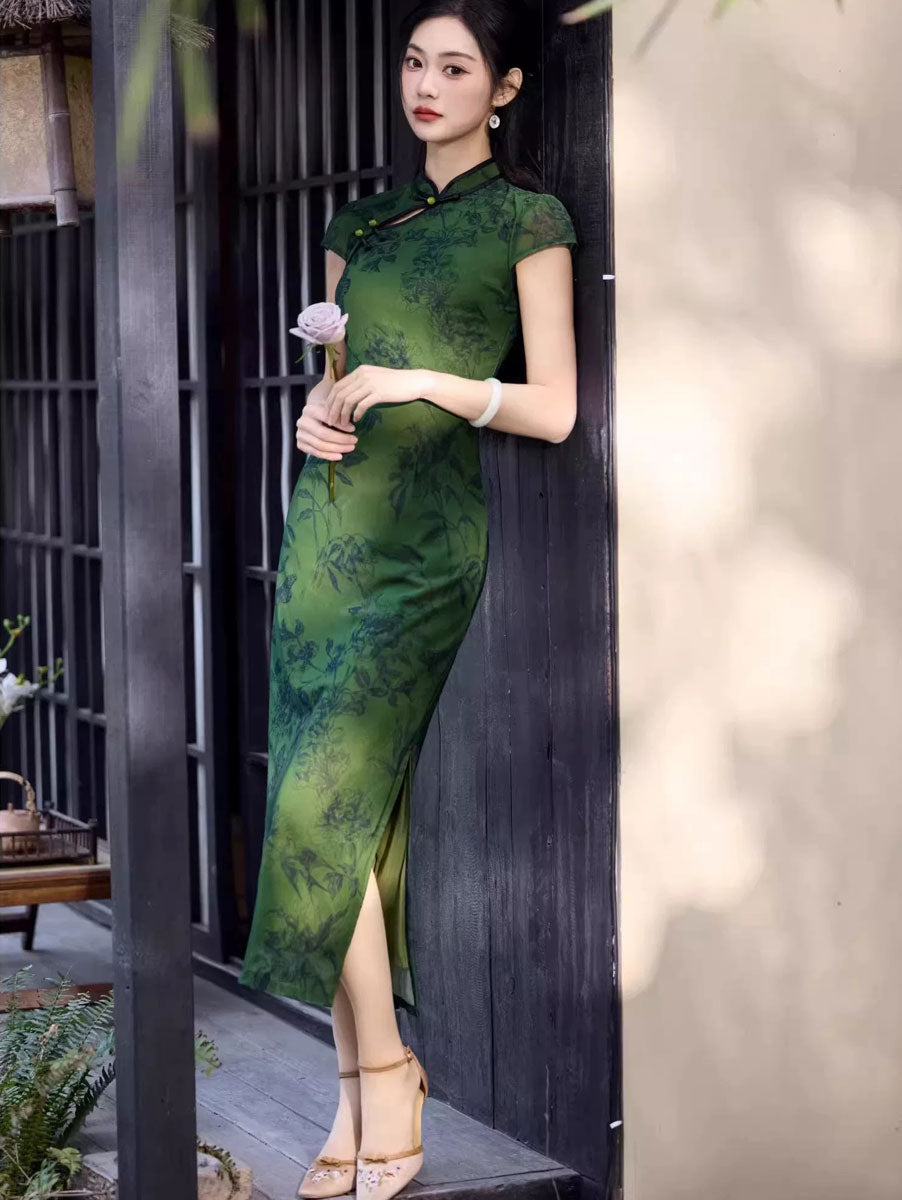 Green Floral Print Maxi Cheongsam Qipao Dress