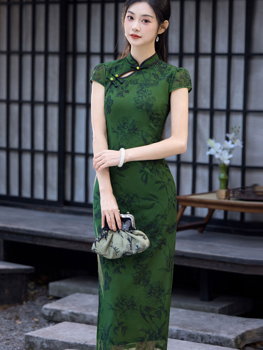 Green Floral Print Maxi Cheongsam Qipao Dress