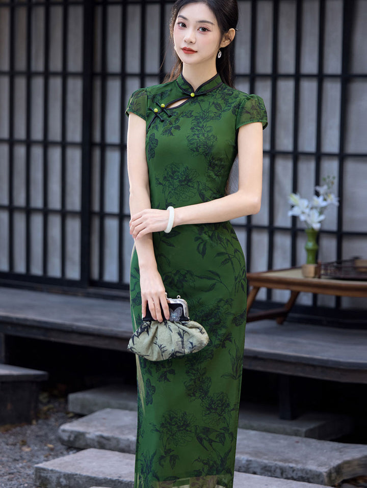 Green Floral Print Maxi Cheongsam Qipao Dress