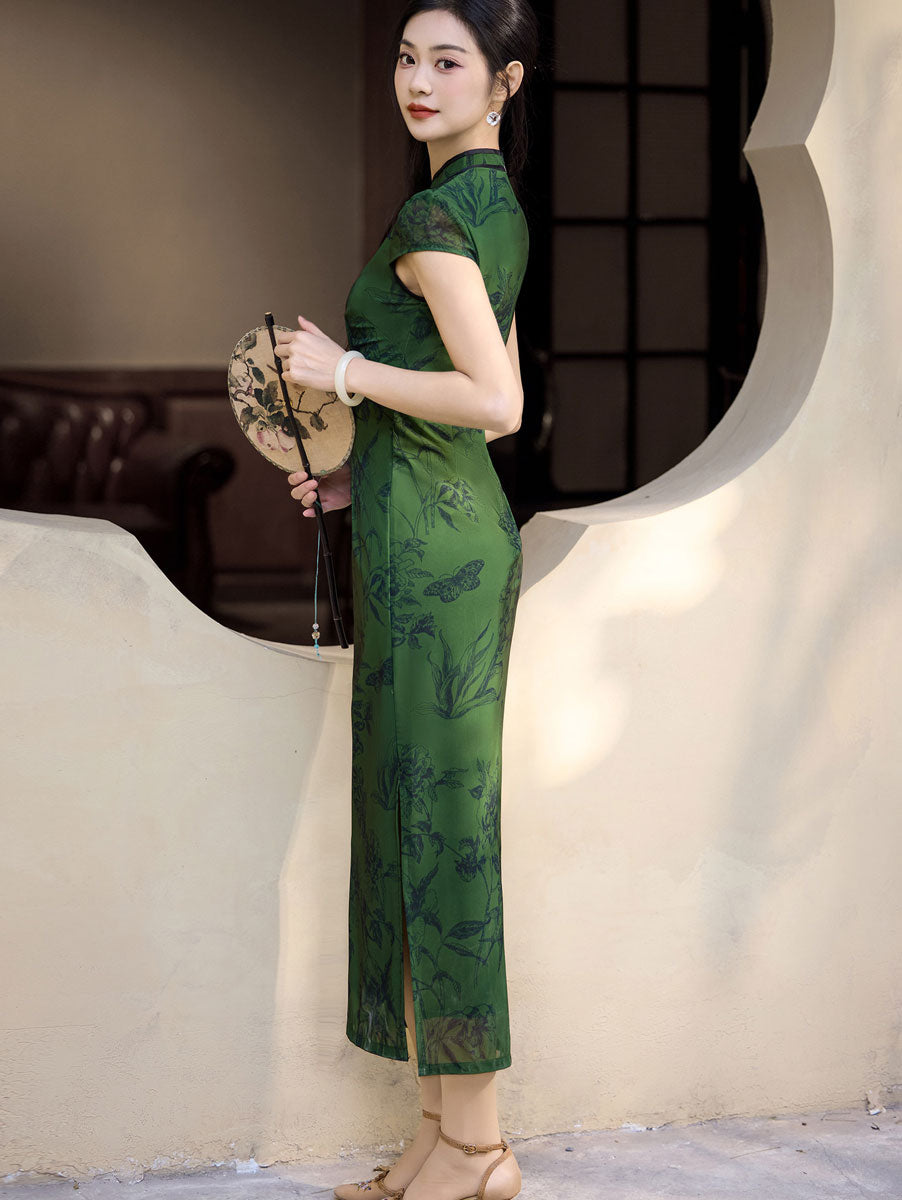Green Floral Print Maxi Cheongsam Qipao Dress