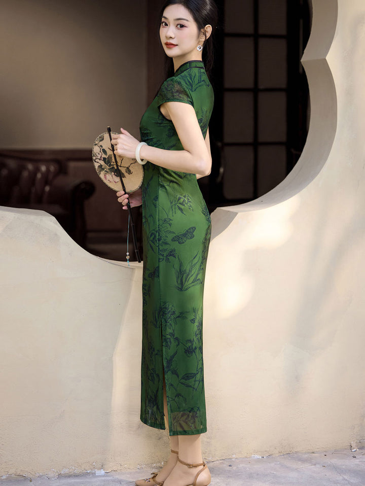 Green Floral Print Maxi Cheongsam Qipao Dress