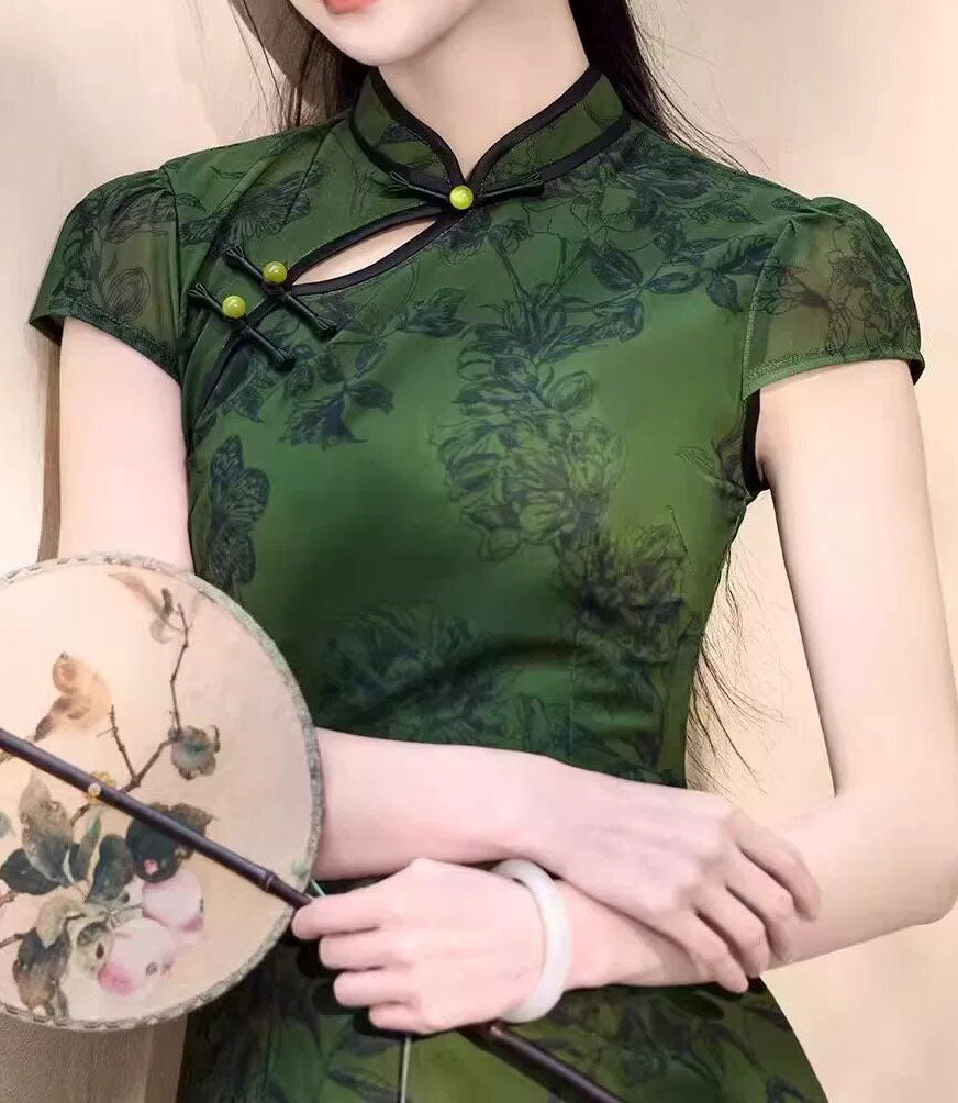 Green Floral Print Maxi Cheongsam Qipao Dress