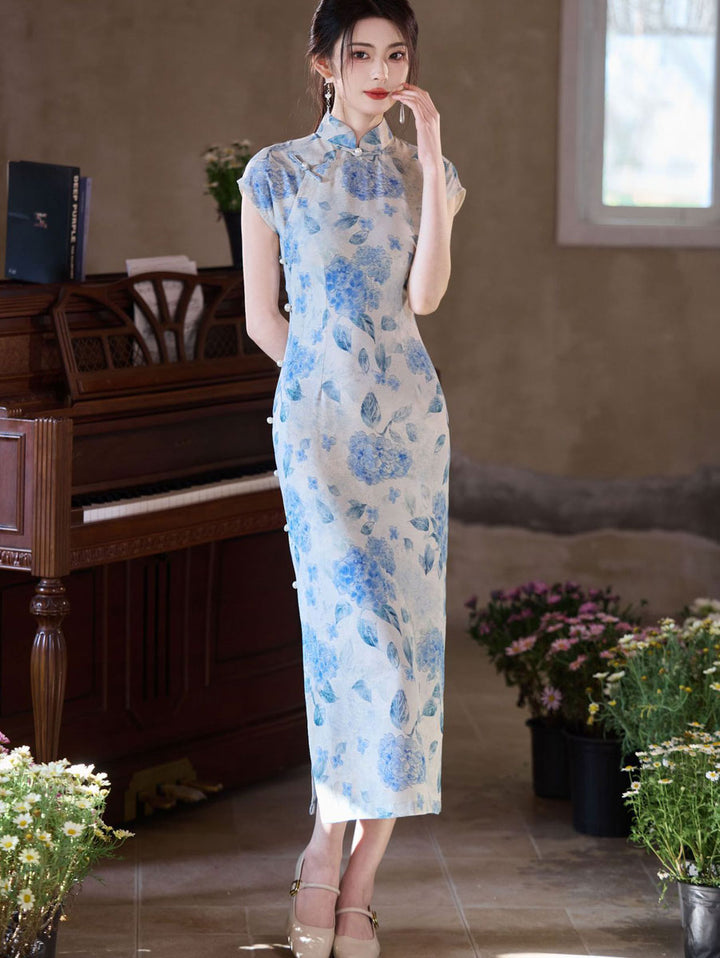 Blue Floral Print Maxi Cheongsam Qipao Dress