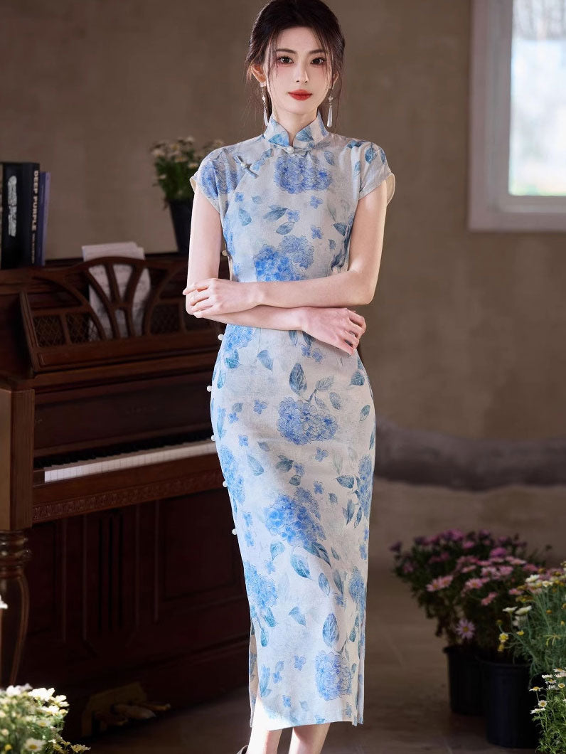 Blue Floral Print Maxi Cheongsam Qipao Dress
