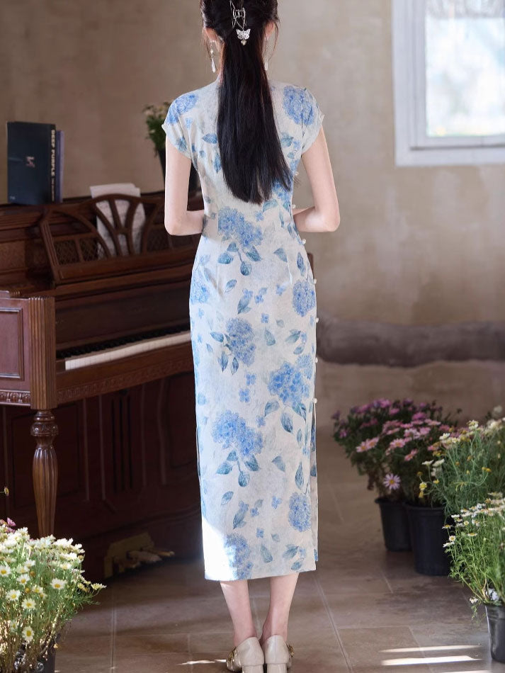 Blue Floral Print Maxi Cheongsam Qipao Dress