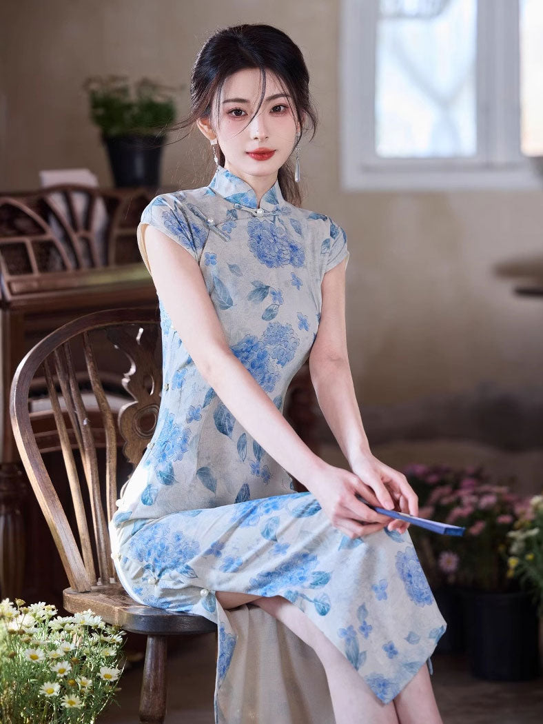 Blue Floral Print Maxi Cheongsam Qipao Dress