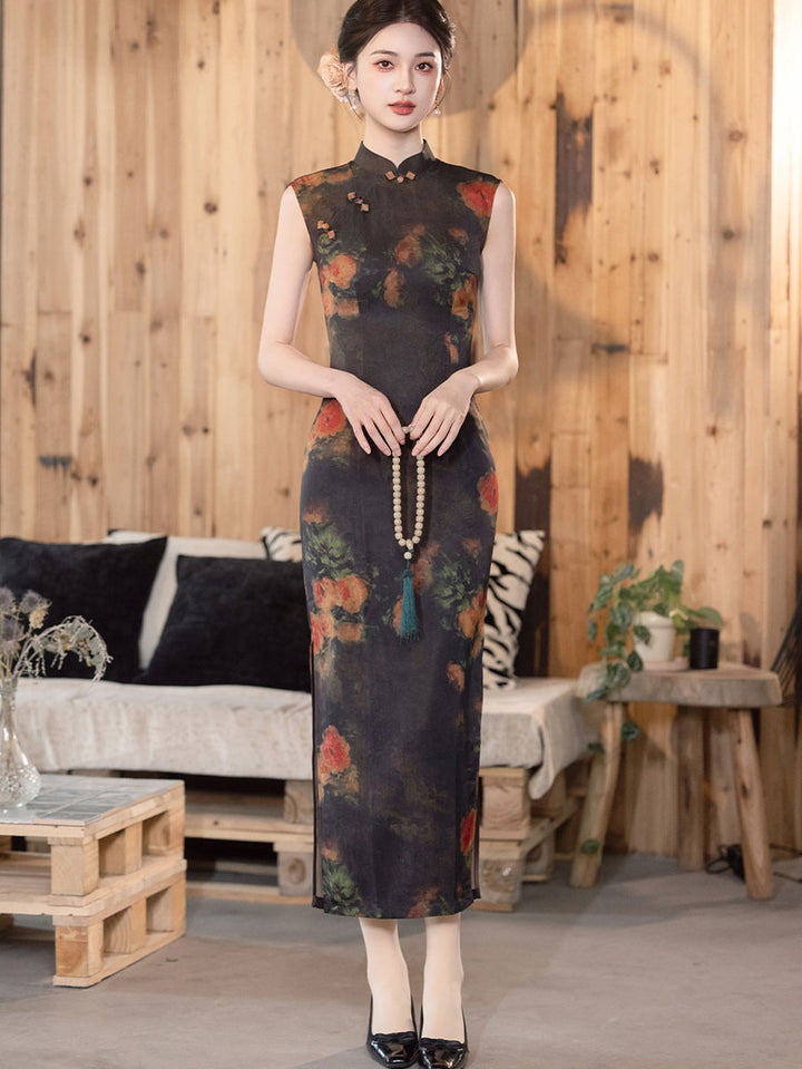 Midsummer Night Floral Print Long Cheongsam Qipao Dress