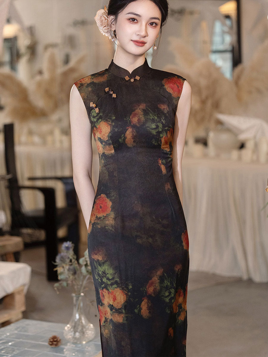Midsummer Night Floral Print Long Cheongsam Qipao Dress