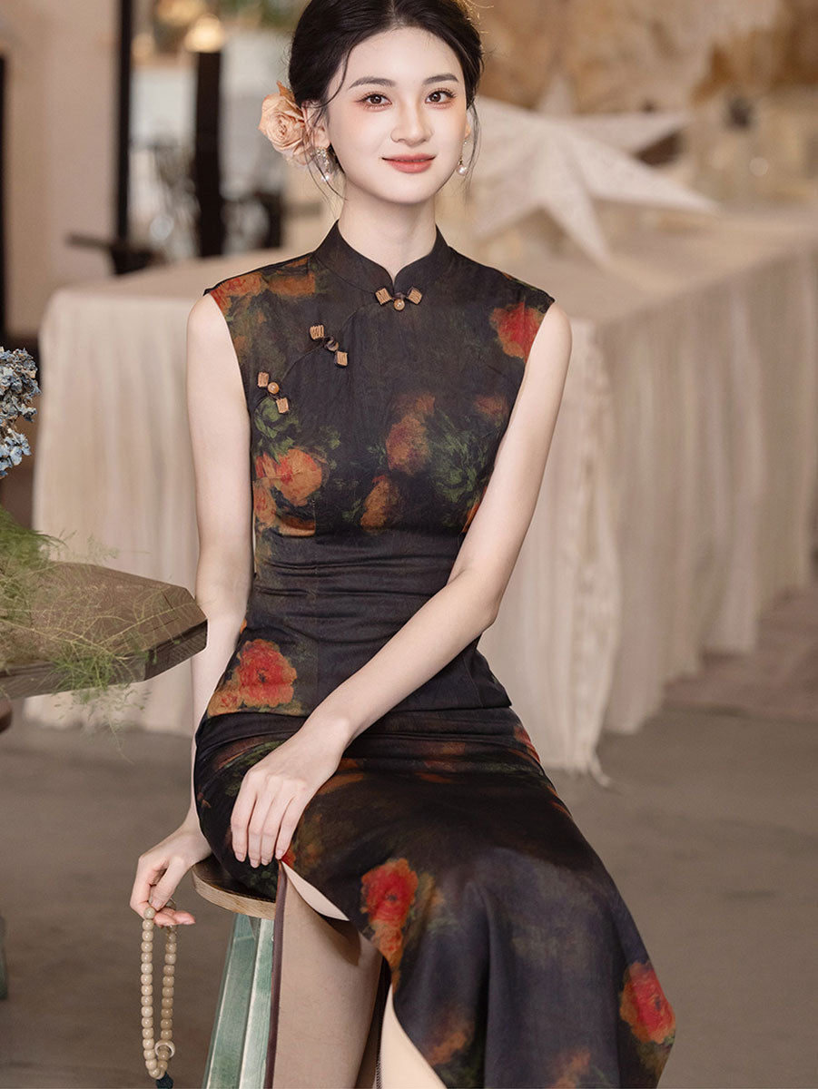 Midsummer Night Floral Print Long Cheongsam Qipao Dress
