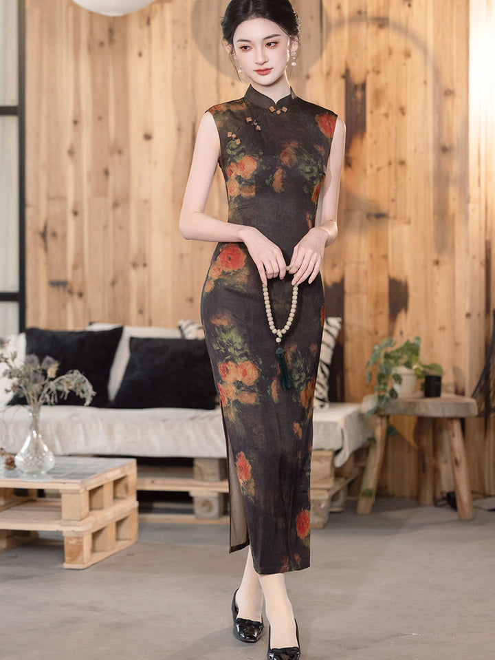 Midsummer Night Floral Print Long Cheongsam Qipao Dress