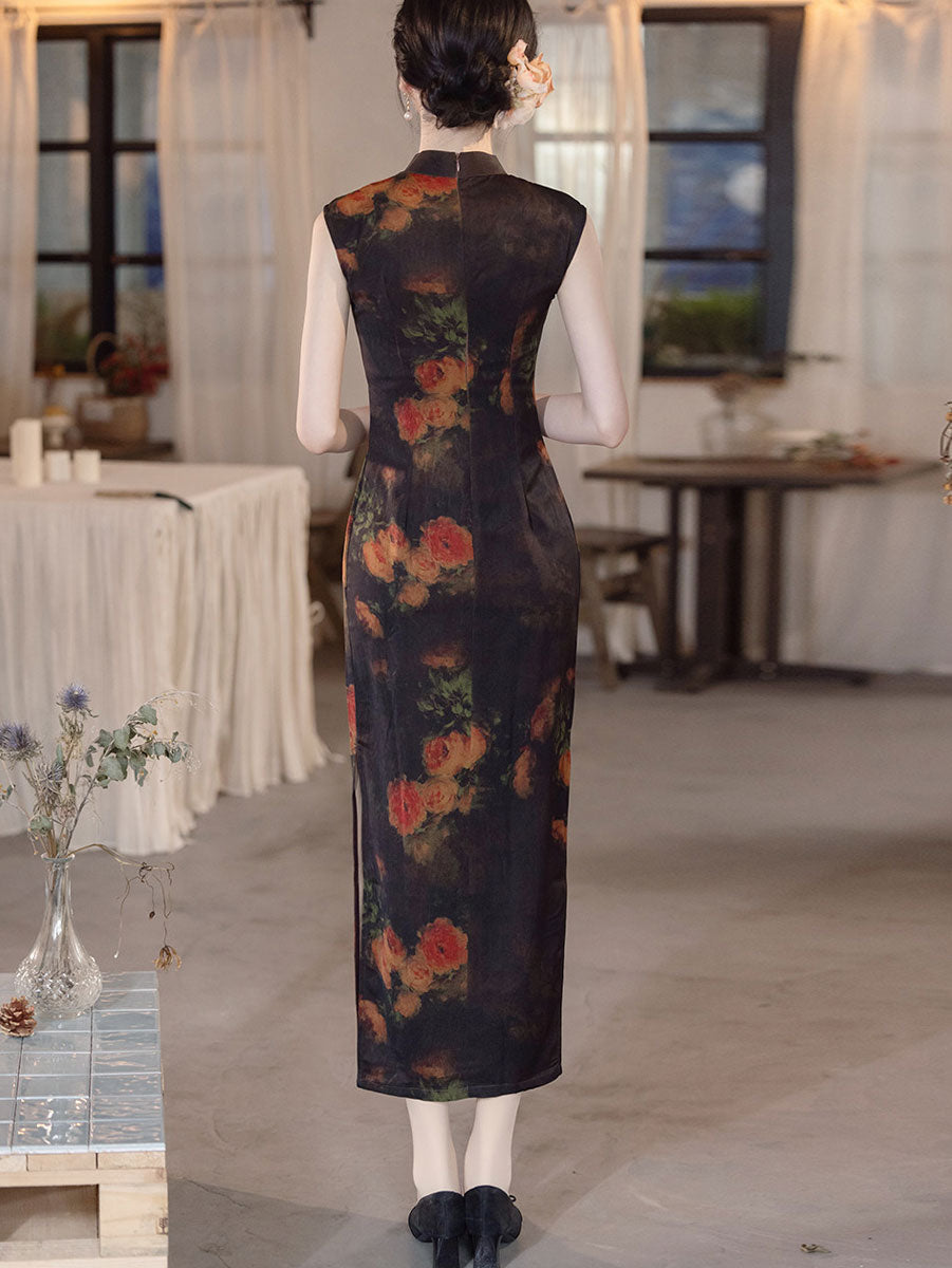 Midsummer Night Floral Print Long Cheongsam Qipao Dress