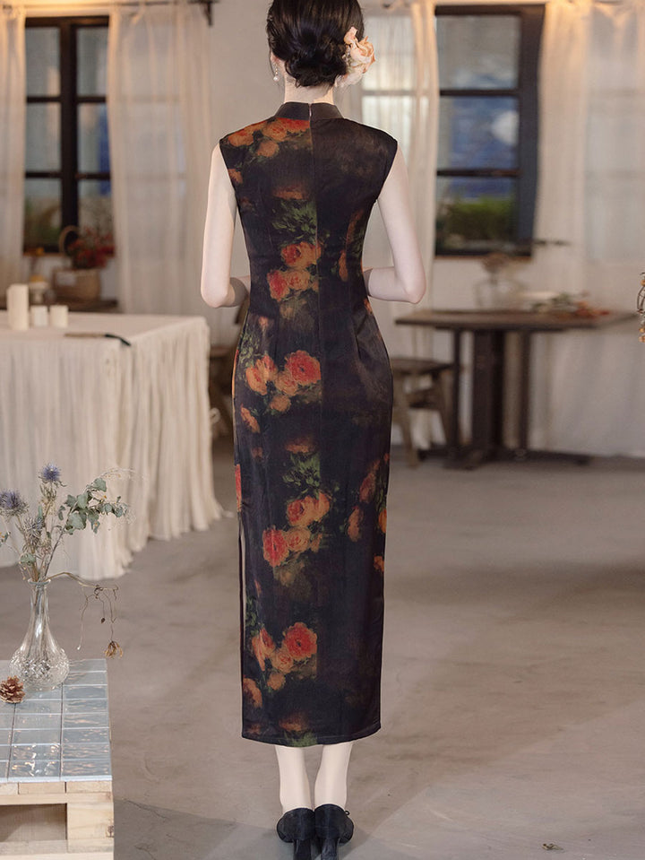 Midsummer Night Floral Print Long Cheongsam Qipao Dress