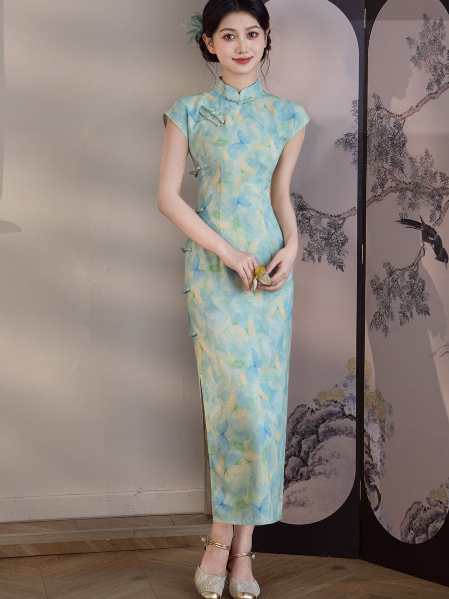 Blue Butterfly Print Linen Maxi Cheongsam Qipao Dress
