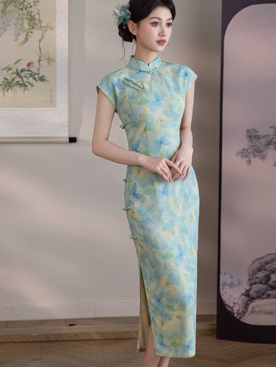 Blue Butterfly Print Linen Maxi Cheongsam Qipao Dress