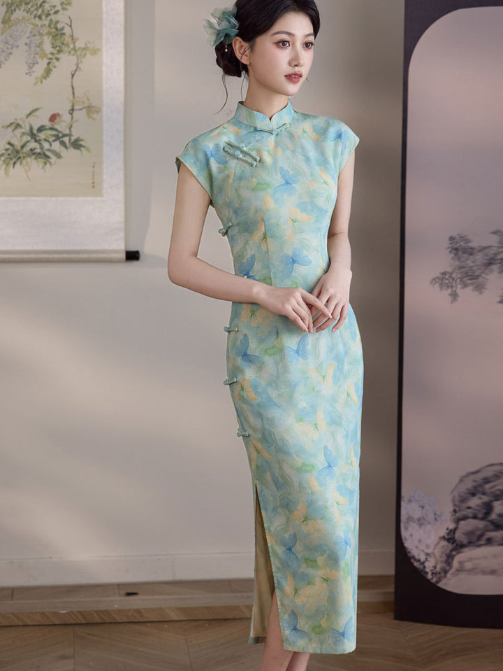 Blue Butterfly Print Linen Maxi Cheongsam Qipao Dress