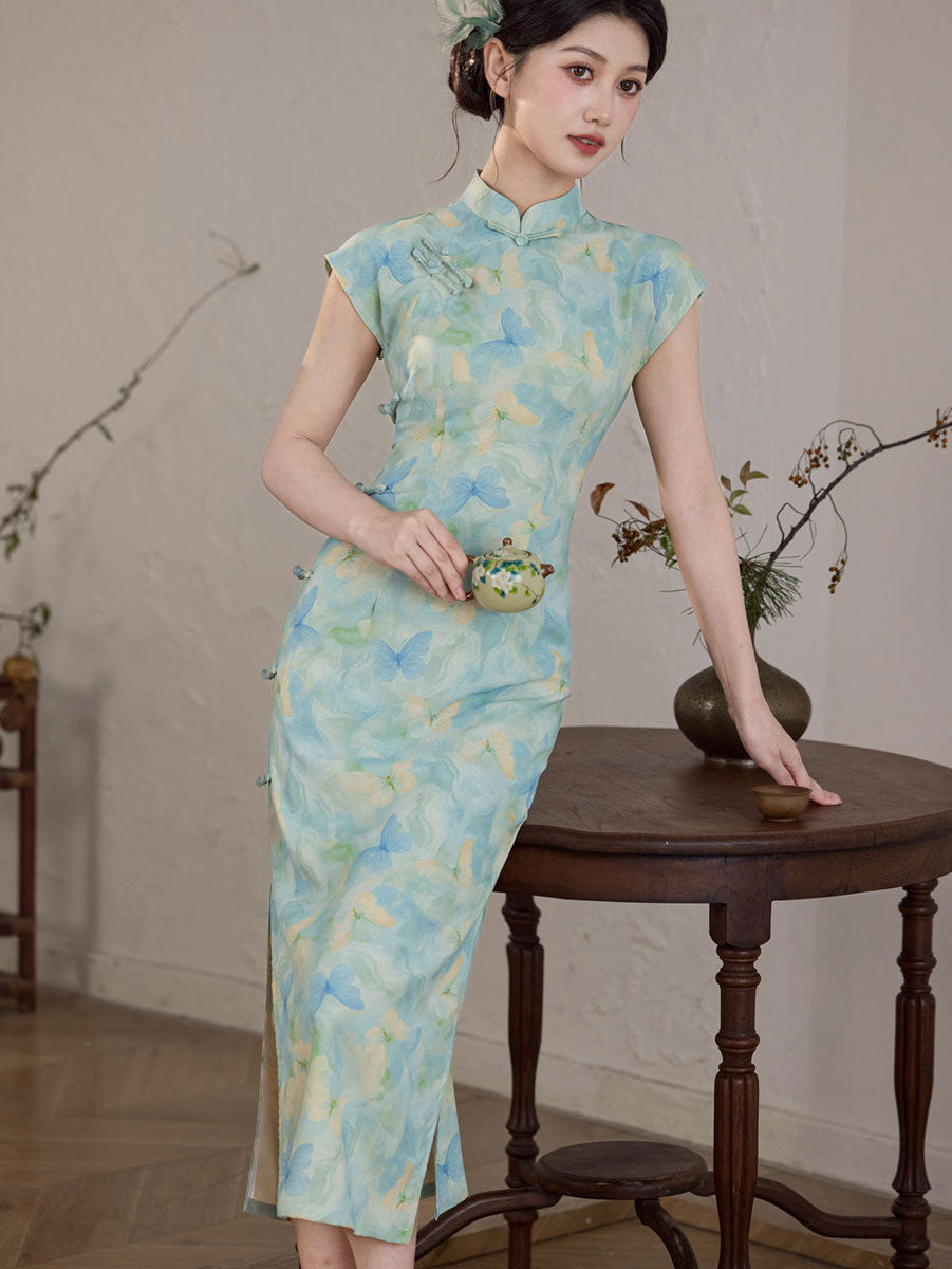 Blue Butterfly Print Linen Maxi Cheongsam Qipao Dress