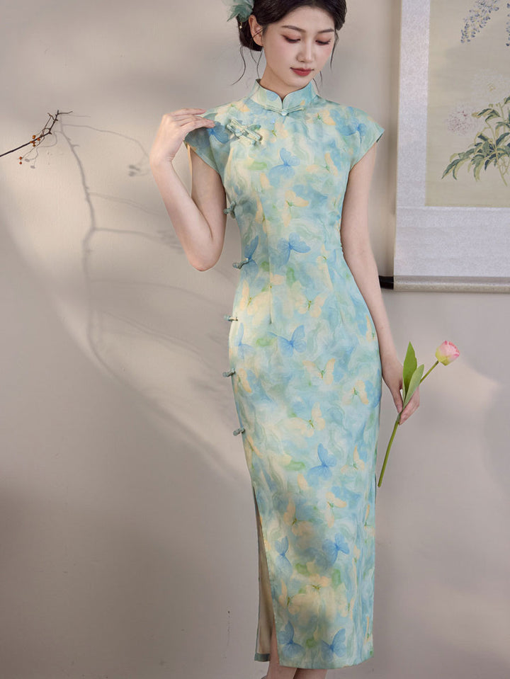 Blue Butterfly Print Linen Maxi Cheongsam Qipao Dress