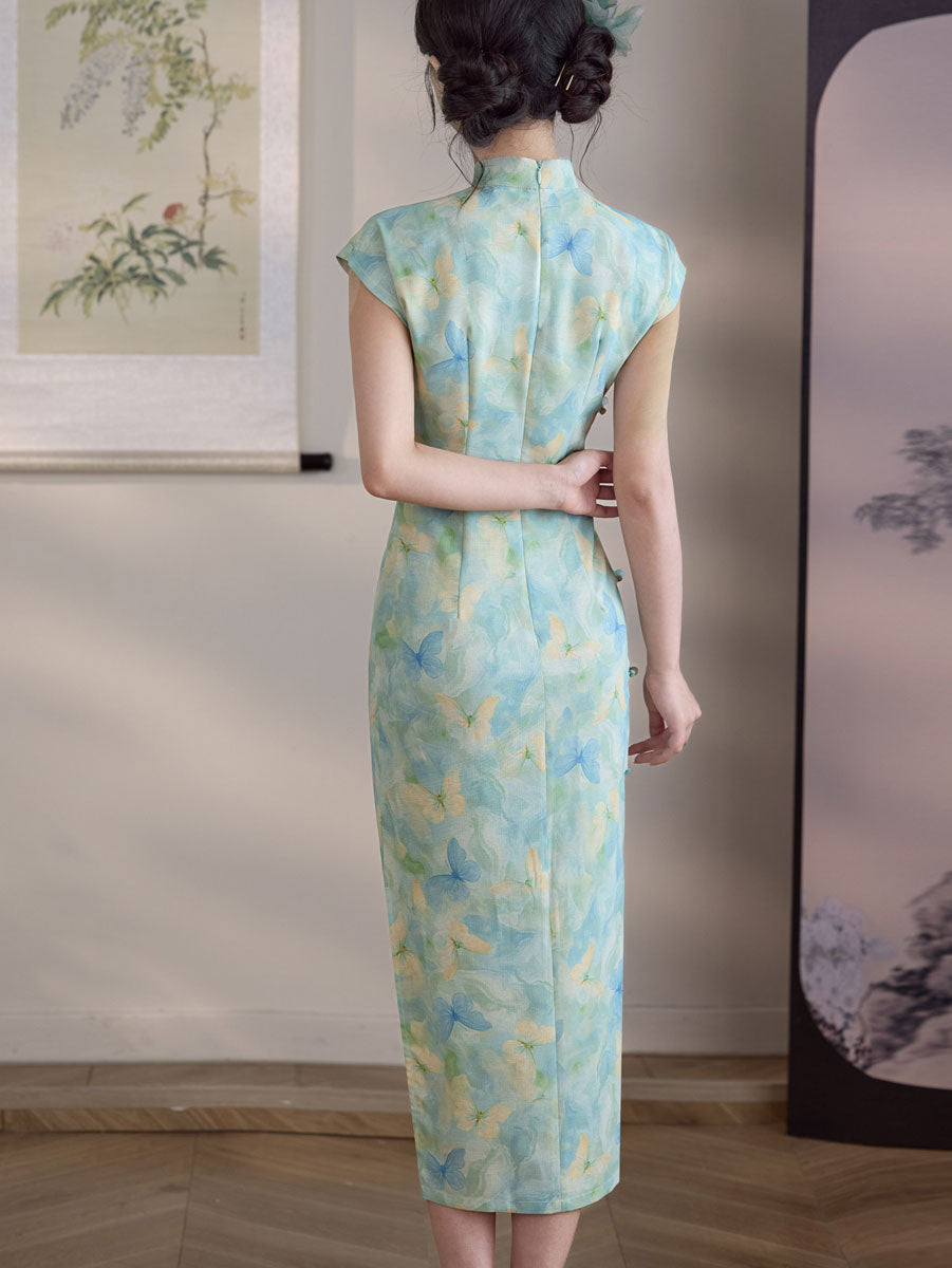 Blue Butterfly Print Linen Maxi Cheongsam Qipao Dress