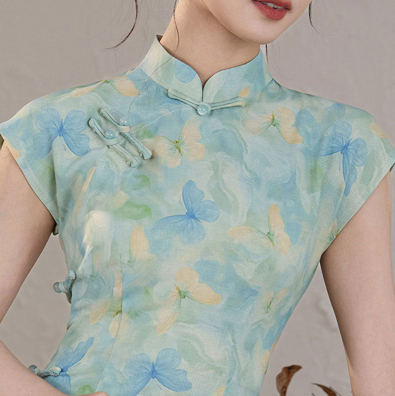 Blue Butterfly Print Linen Maxi Cheongsam Qipao Dress
