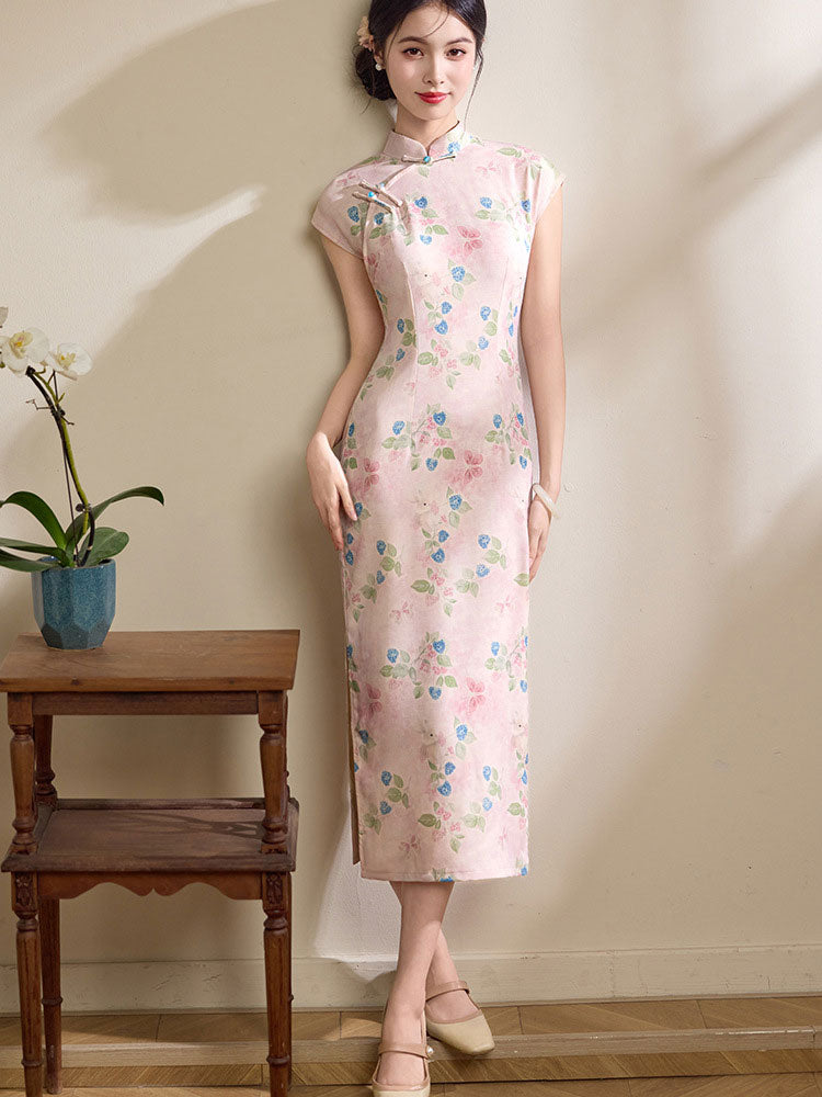 Summer Pink Blue Floral Linen Long Cheongsam Qipao Dress