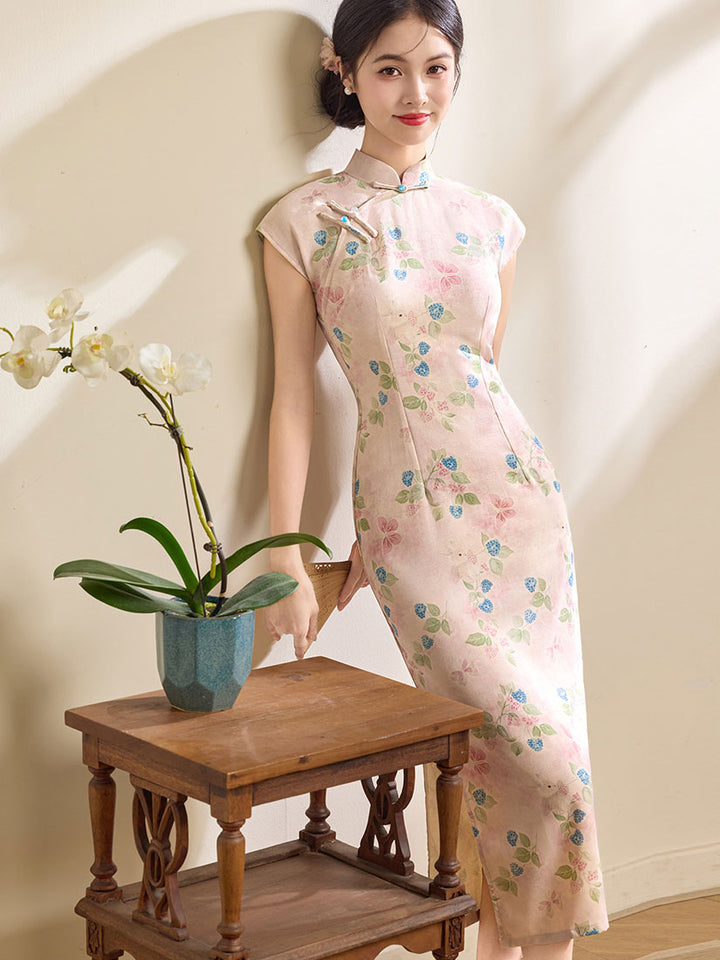 Summer Pink Blue Floral Linen Long Cheongsam Qipao Dress