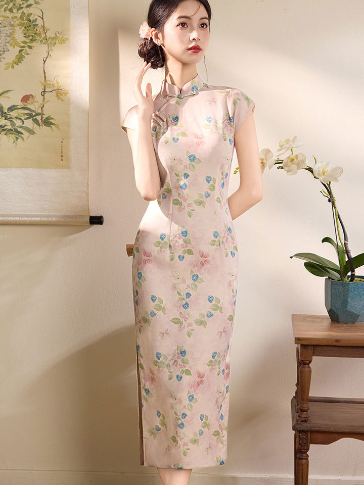 Summer Pink Blue Floral Linen Long Cheongsam Qipao Dress