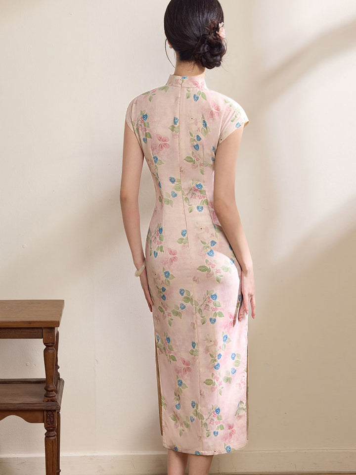 Summer Pink Blue Floral Linen Long Cheongsam Qipao Dress