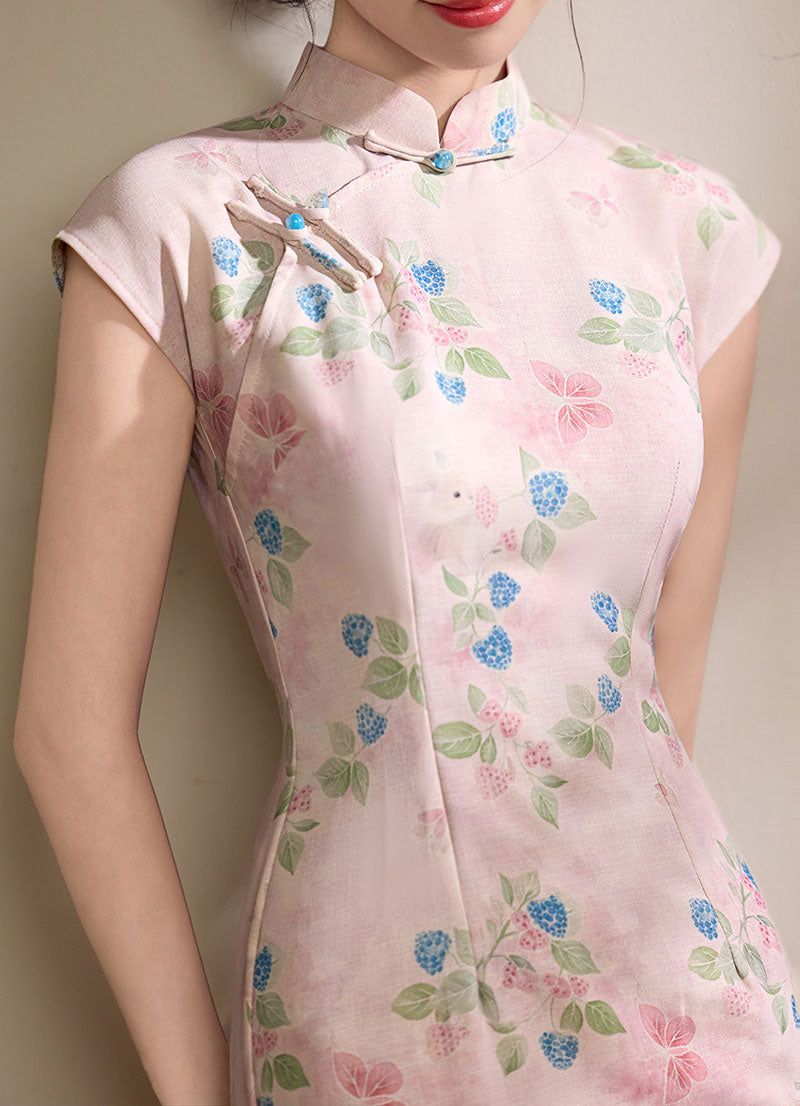 Summer Pink Blue Floral Linen Long Cheongsam Qipao Dress