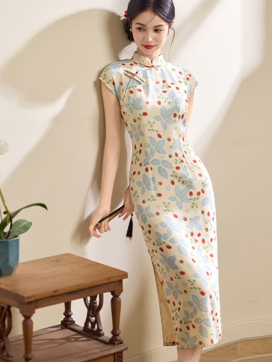 Summer Pink Blue Floral Linen Long Cheongsam Qipao Dress