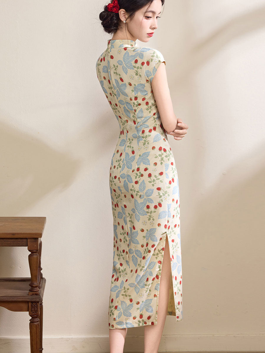 Summer Pink Blue Floral Linen Long Cheongsam Qipao Dress