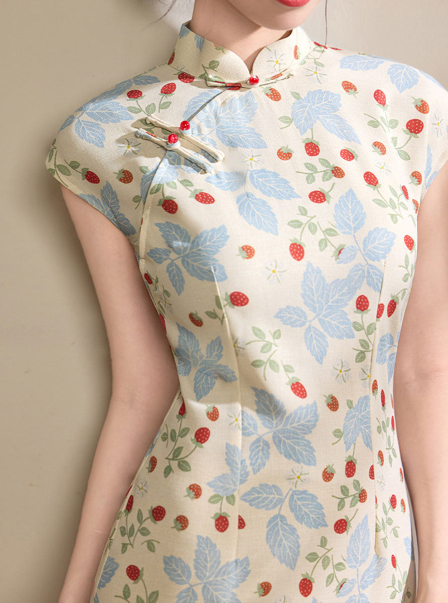 Summer Pink Blue Floral Linen Long Cheongsam Qipao Dress