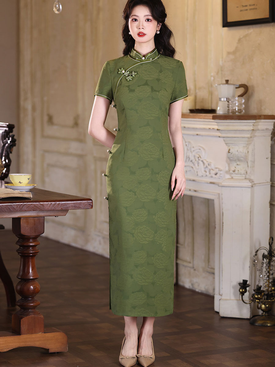 Green Red Floral Maxi Cheongsam Qipao Dress