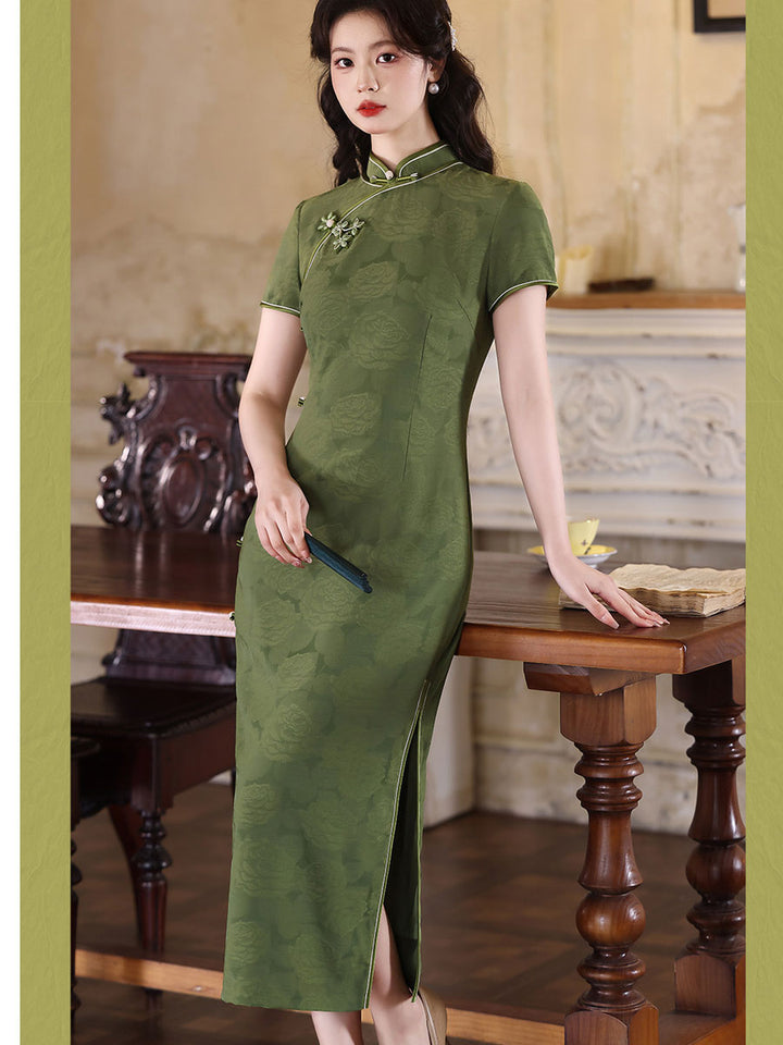 Green Red Floral Maxi Cheongsam Qipao Dress