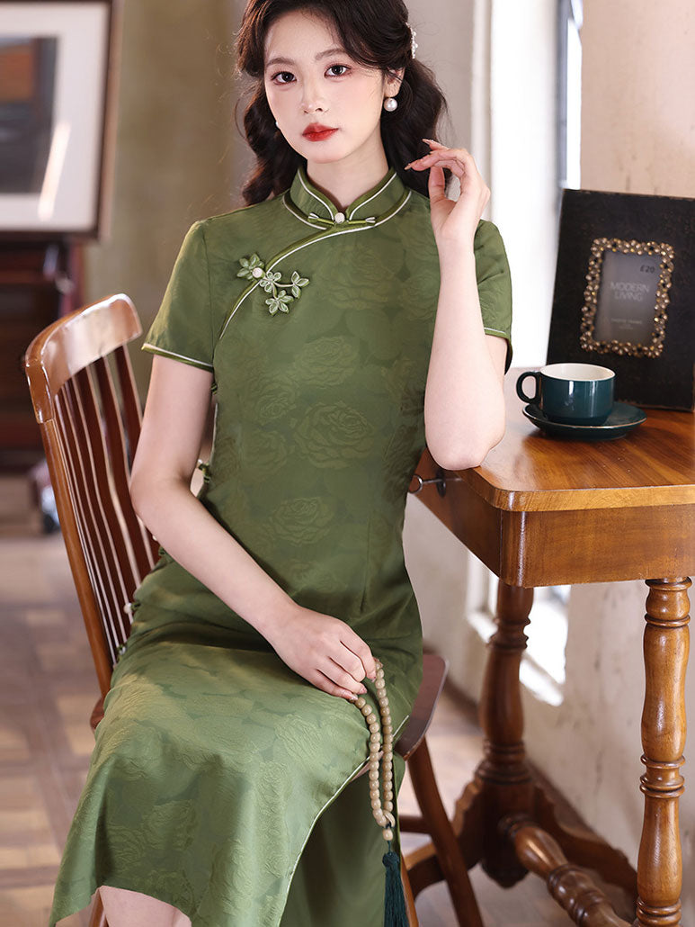 Green Red Floral Maxi Cheongsam Qipao Dress